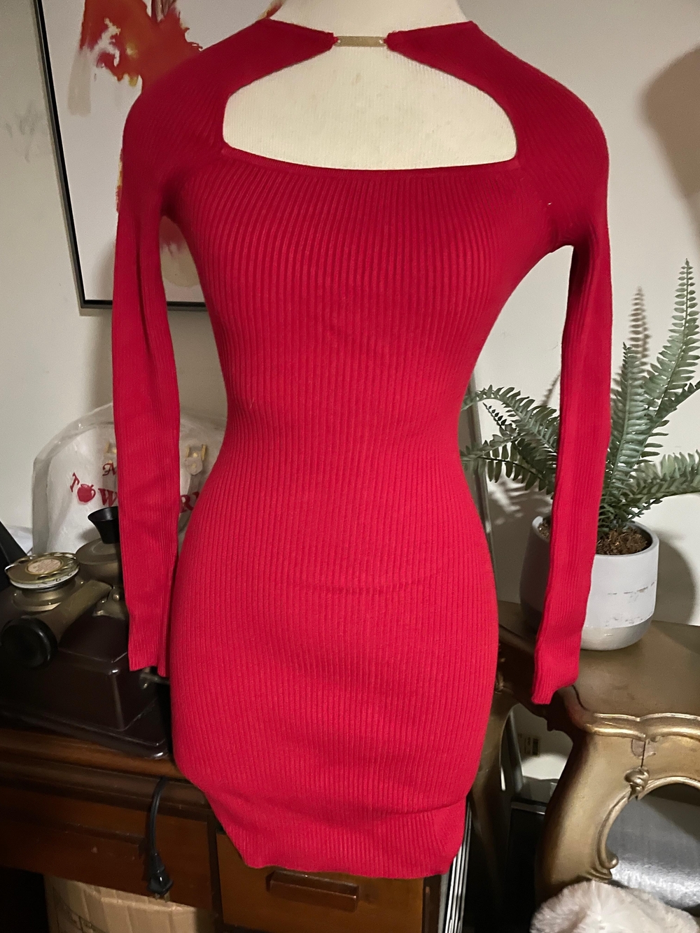 Abercrombie & Fitch Red Ribbed Long-Sleeve Cutout Bodycon Dress